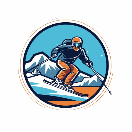 Ilustración de Mascota ilustración de un esquiador snowboarder esquiando cuesta abajo visto desde el lado dentro del círculo sobre un fondo aislado. - Imagen libre de derechos