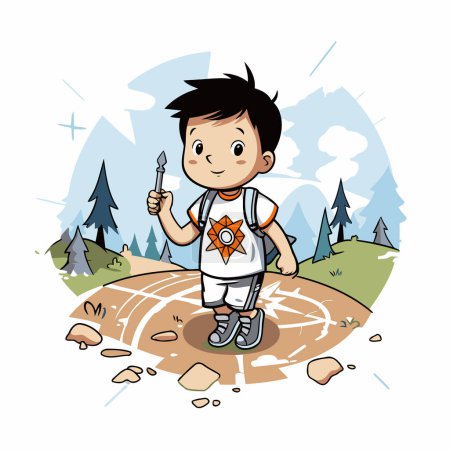 Illustration for Boy with a knife and a backpack on the road. Vector illustration - Royalty Free Image