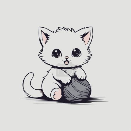 Téléchargez les illustrations : Mignon petit chaton jouant avec une boule de fil. Illustration vectorielle. - en licence libre de droit
