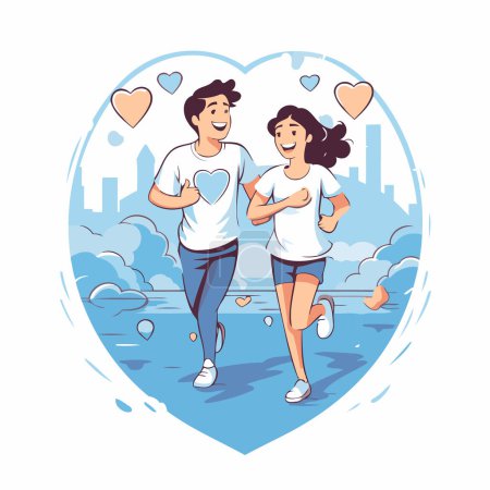 Téléchargez les illustrations : Deux joggeurs en ville. Illustration vectorielle dans le style dessin animé - en licence libre de droit