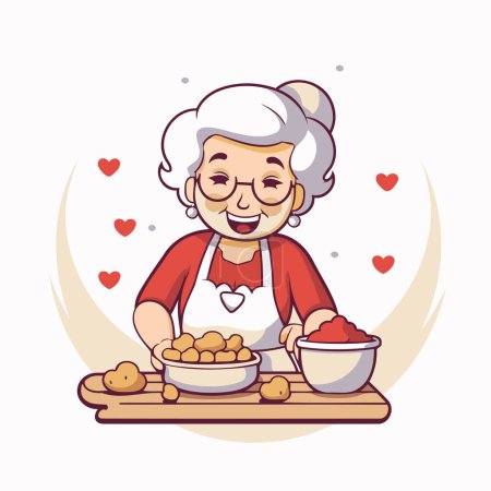 Una anciana cocinando en casa. Ilustración vectorial en estilo de dibujos animados.