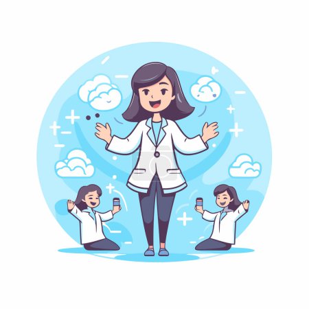Téléchargez les illustrations : Médecin femme en manteau blanc avec personnel médical. illustration vectorielle plate. - en licence libre de droit