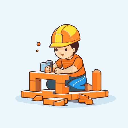 Illustration for Cute little boy in construction helmet sitting on the brick. Vector illustration. - Royalty Free Image