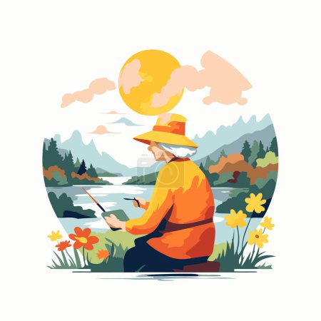 Illustration for Fisherman with a tablet in his hands. Vector illustration. - Royalty Free Image