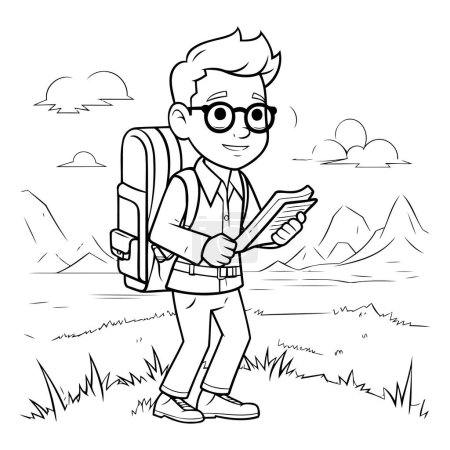 Illustration for Tourist man with backpack and map. black and white vector illustration - Royalty Free Image