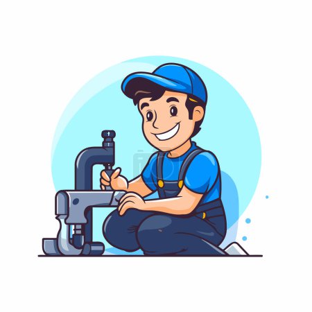 Illustration for Vector cartoon illustration of a young handyman repairing a water tap. - Royalty Free Image