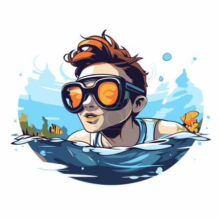Illustration for Vector illustration of a boy swimming in the sea wearing a diving mask - Royalty Free Image