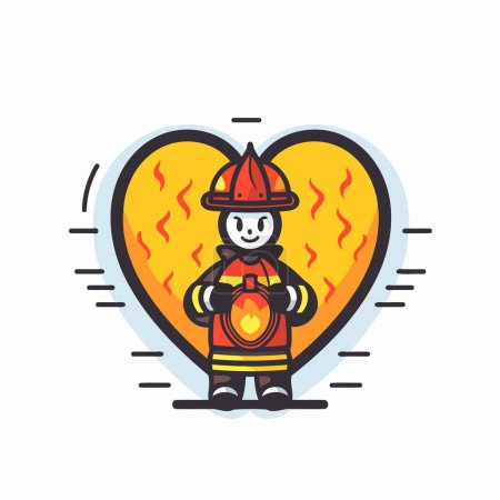 Téléchargez les illustrations : Pompier en costume de pompier avec un cœur brûlant. Illustration vectorielle. - en licence libre de droit