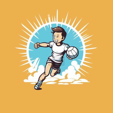 Ilustración de Ilustración de un jugador de voleibol saltando con la pelota vista desde el frente conjunto dentro del círculo sobre fondo aislado hecho en estilo retro. - Imagen libre de derechos