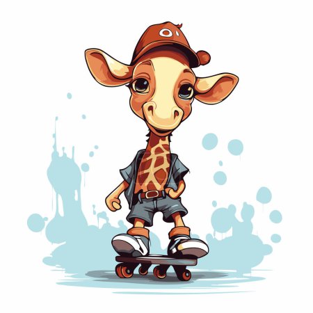Téléchargez les illustrations : Jolie girafe monte sur un skateboard. Illustration vectorielle de bande dessinée. - en licence libre de droit
