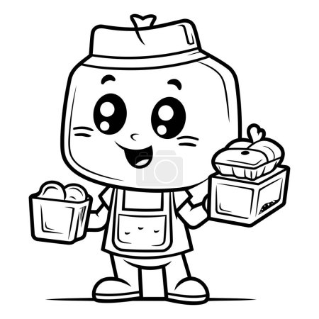 Téléchargez les illustrations : Illustration de dessin animé noir et blanc de personnage de fermier sourire mignon mascotte avec des boîtes à nourriture - en licence libre de droit