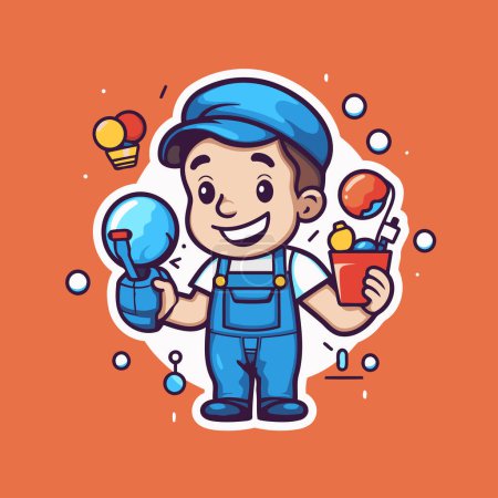 Illustration for Cute cartoon boy in overalls and cap holding lightbulb. Vector illustration. - Royalty Free Image