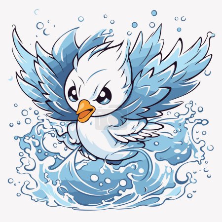 Illustration for Cute cartoon sea bird flying in the waves. Vector illustration. - Royalty Free Image