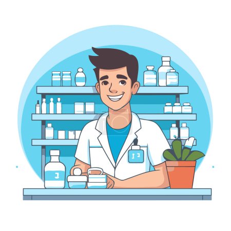 Illustration for Pharmacist in the drugstore. Vector flat cartoon illustration. - Royalty Free Image
