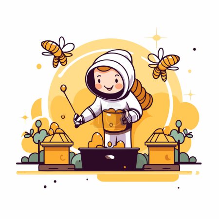 Illustration for Beekeeper working on laptop. Beekeeping concept. Vector illustration. - Royalty Free Image