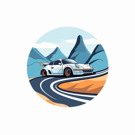 Illustration for Car on the road in the mountains. Vector illustration in a flat style - Royalty Free Image