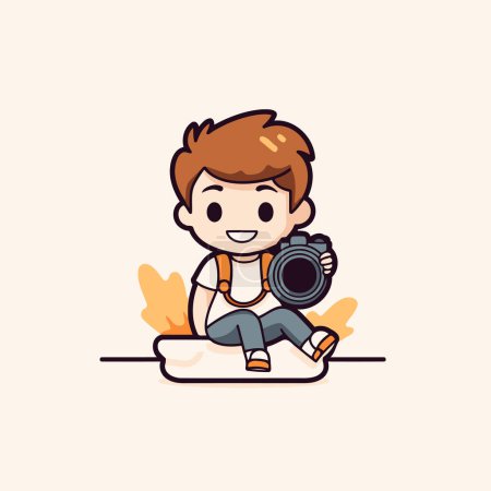 Illustration for Cute boy sitting on the floor with camera. Vector illustration. - Royalty Free Image