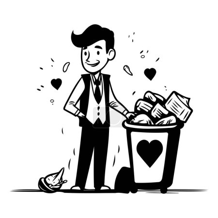 Téléchargez les illustrations : Illustration vectorielle d'un homme jetant des ordures dans la poubelle. Style de dessin animé noir et blanc. - en licence libre de droit