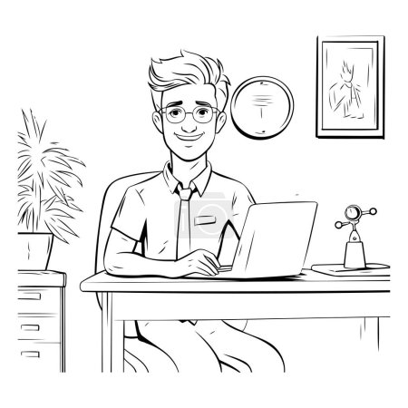 Illustration for Man working on laptop at home office. Black and white vector illustration. - Royalty Free Image