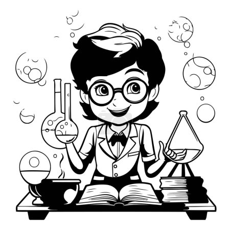 Illustration for Schoolgirl with books and science symbols. Black and white vector illustration. - Royalty Free Image