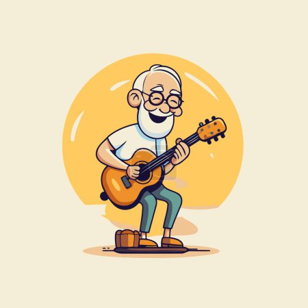 Téléchargez les illustrations : Le vieil homme joue de la guitare. Illustration vectorielle en style dessin animé plat. - en licence libre de droit