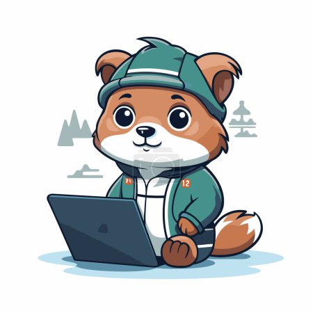 Illustration for Beaver with laptop. Cute cartoon animal. Vector illustration. - Royalty Free Image