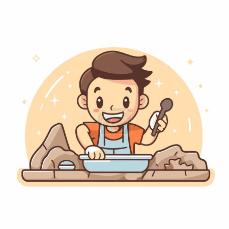 Téléchargez les illustrations : Joli garçon cuisinant dans la cuisine. Illustration vectorielle dans le style dessin animé. - en licence libre de droit
