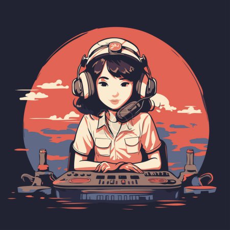 Vector illustration of a girl in a pilot suit and headphones playing a video game on the background of the sunset.