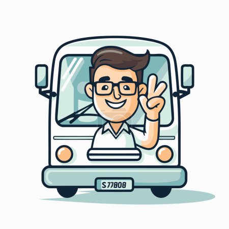 Ilustración de Hombre conduciendo autobús y mostrando señal de mano de paz. Ilustración vectorial en estilo de dibujos animados. - Imagen libre de derechos