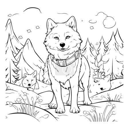 Ilustración de Lindo perro de dibujos animados en el bosque. Ilustración vectorial para colorear libro. - Imagen libre de derechos