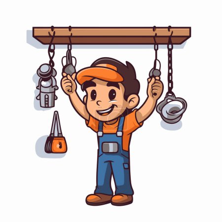 Illustration for Cartoon mechanic with tools. Vector illustration isolated on white background. - Royalty Free Image