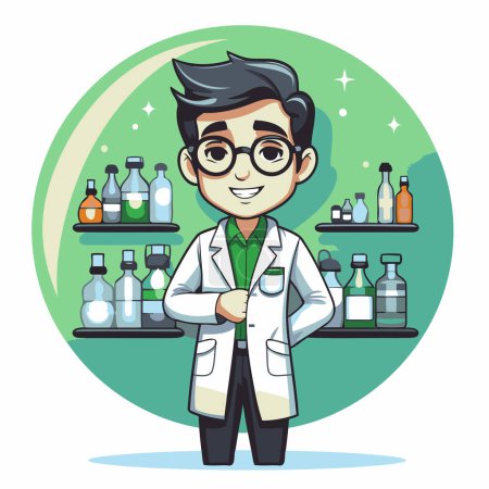 Illustration for Cute cartoon scientist in lab coat and glasses. Vector illustration. - Royalty Free Image