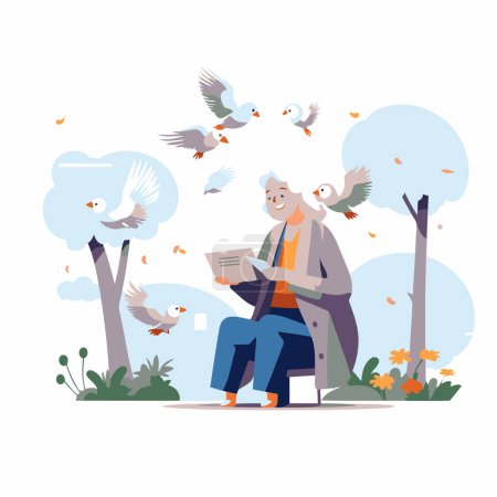 Ilustración de Mujer mayor sentada en el parque y leyendo un libro. - Imagen libre de derechos
