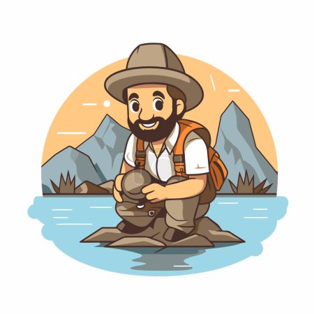 Ilustración de Pescador sentado en una roca en el río. Ilustración vectorial - Imagen libre de derechos