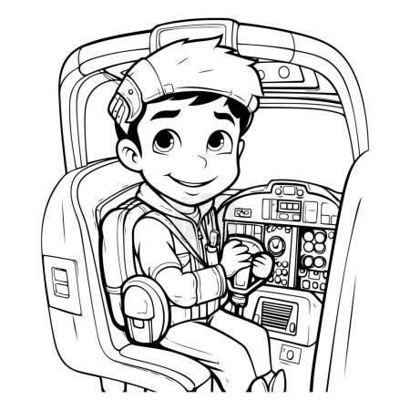 Téléchargez les illustrations : Illustration de bande dessinée en noir et blanc d'un enfant garçon conduisant une voiture ou un avion pour un livre à colorier - en licence libre de droit