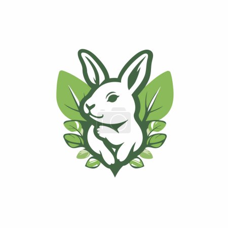 Téléchargez les illustrations : Modèle de conception de logo lapin de Pâques. Illustration vectorielle du lapin aux feuilles vertes. - en licence libre de droit