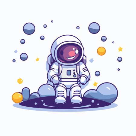 Téléchargez les illustrations : Un astronaute assis sur la planète. Illustration vectorielle dans le style dessin animé. - en licence libre de droit