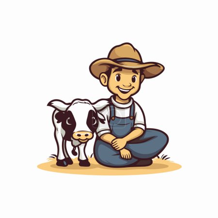 Téléchargez les illustrations : Fermier avec vache. Vecteur de dessin animé animal de ferme Illustration isolée sur fond blanc - en licence libre de droit