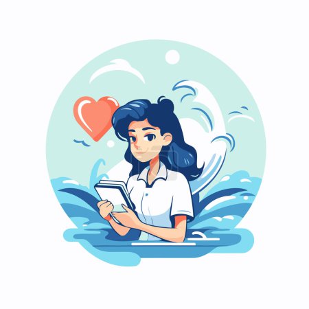 Ilustración de Chica leyendo un libro en el mar. Ilustración vectorial en estilo de dibujos animados. - Imagen libre de derechos