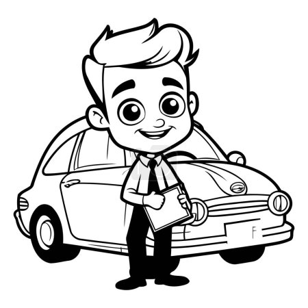 Téléchargez les illustrations : Homme d'affaires avec voiture - Illustration de bande dessinée noir et blanc. Vecteur - en licence libre de droit