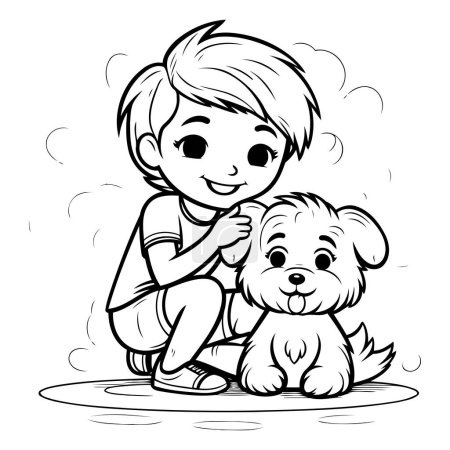 Téléchargez les illustrations : Illustration de dessins animés en noir et blanc d'un enfant jouant avec un chien ou un livre à colorier pour chiot - en licence libre de droit