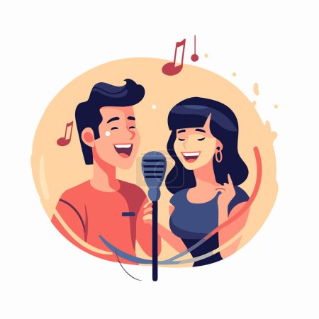 Téléchargez les illustrations : Couple chantant ensemble au karaoké. illustration vectorielle de dessin animé. - en licence libre de droit