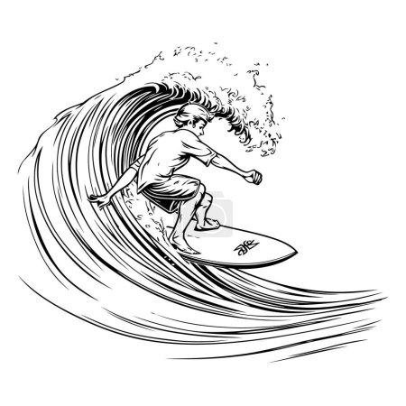 Illustration for Surfer with surfboard on the wave. black and white vector illustration - Royalty Free Image