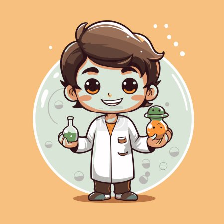 Illustration for Cute boy scientist holding a flask with chemicals in cartoon style vector illustration - Royalty Free Image