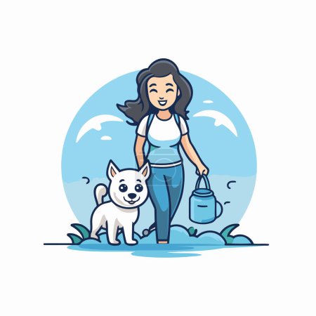 Téléchargez les illustrations : Une fille qui marche avec son chien dans le parc. Illustration vectorielle de style plat. - en licence libre de droit