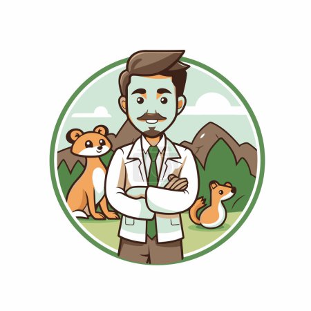 Téléchargez les illustrations : Illustration vectorielle d'un vétérinaire avec des animaux en arrière-plan. Cartoon style. - en licence libre de droit
