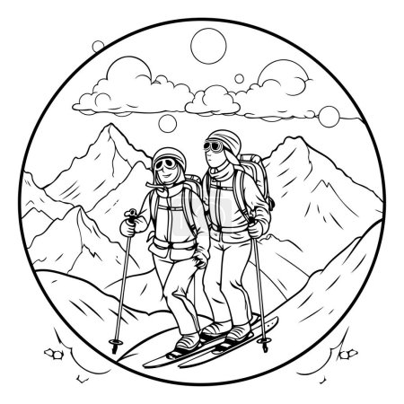 Téléchargez les illustrations : Randonneurs dans les montagnes. Illustration vectorielle noir et blanc pour livre à colorier. - en licence libre de droit