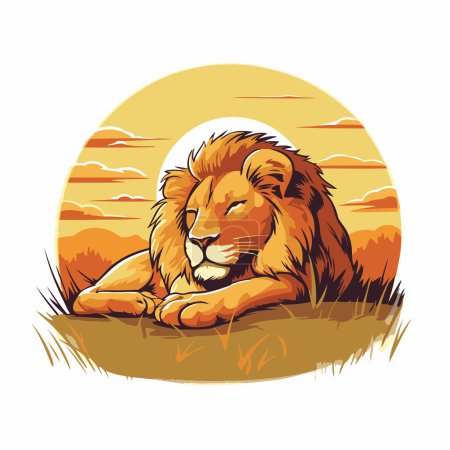 Téléchargez les illustrations : Lion couché sur l'herbe devant le soleil. Illustration vectorielle. - en licence libre de droit