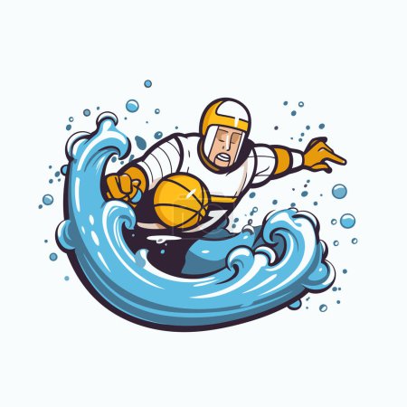 Illustration for American football player on a wave. Vector illustration in cartoon style. - Royalty Free Image