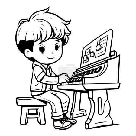 Illustration for Boy Playing Piano - Black and White Cartoon Illustration. Isolated on White Background - Royalty Free Image